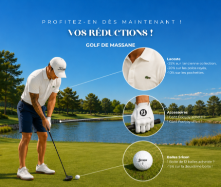 Sélection de vêtements Lacoste, gants FootJoy et balles Srixon en promotion au Proshop du Golf de Massane près de Montpellier.