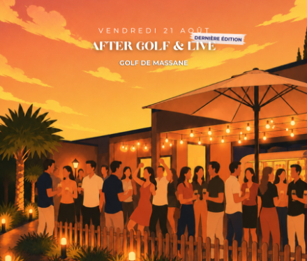 Participants profitant de l'After Golf & Live sur la terrasse du Birdie au Golf de Massane, entre challenge TrackMan, musique live et restauration.
